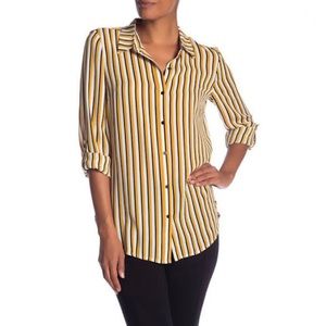 ADRIANNA PAPELL Button Front Blouse Stripes White Black Gold L